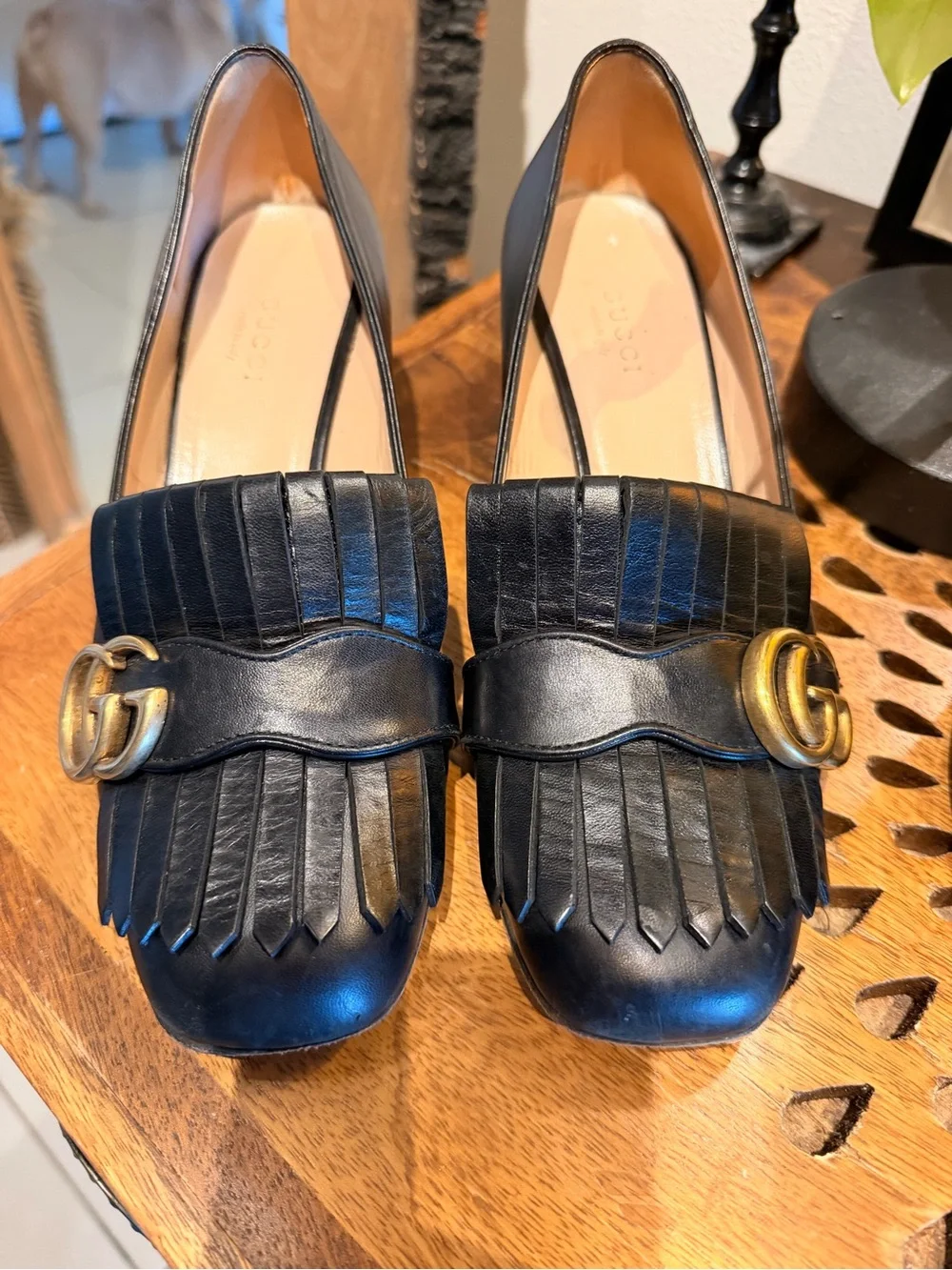 Gucci Black Leather Kiltie Loafers with Gold Double G size 7